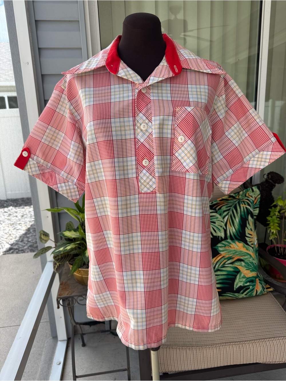 Vtg Plaid Popover Top Women Large Western Country Cowgirl Red Knack Leisurewear